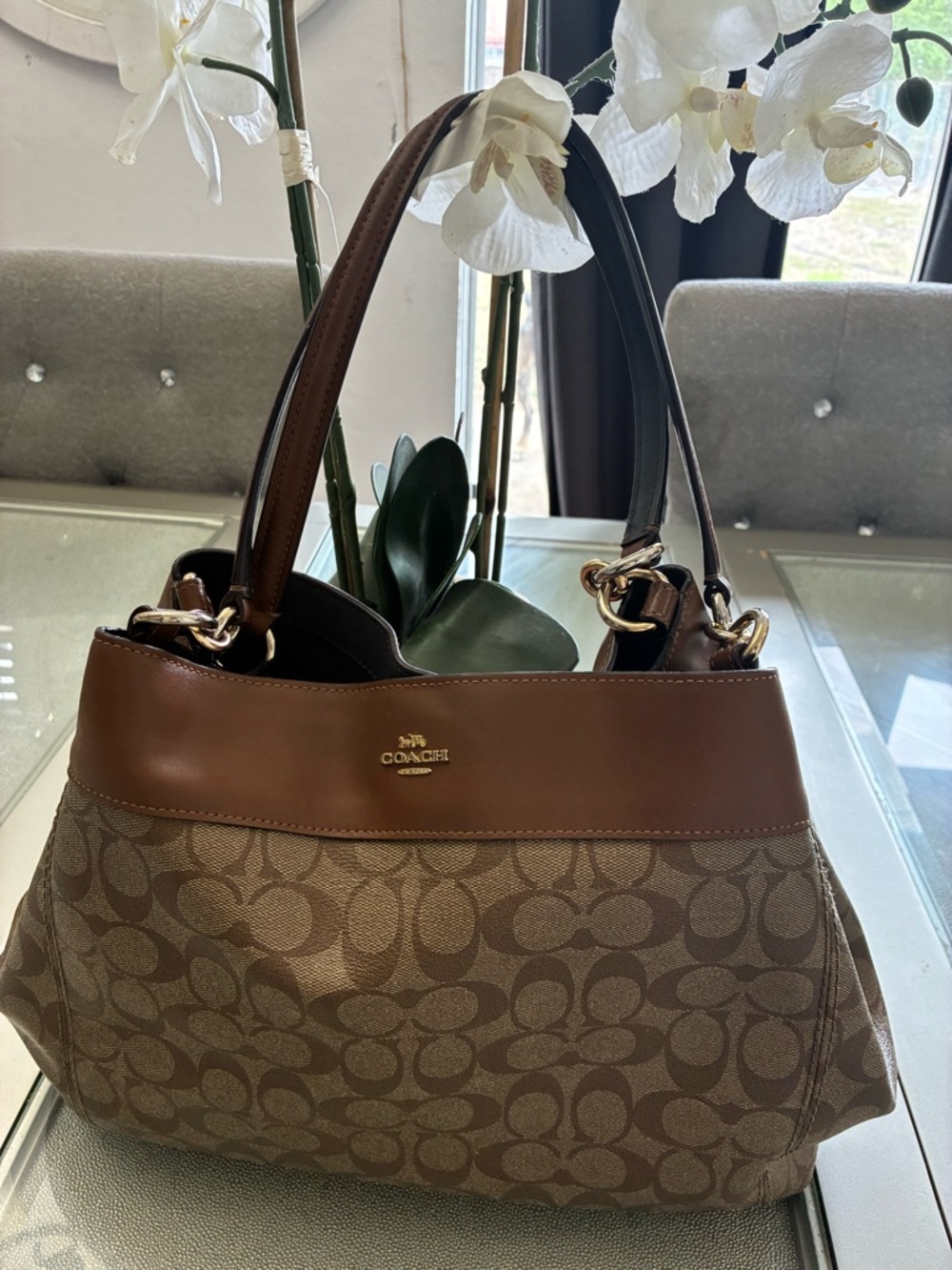 Coach Brown Signature Canvas Shoulder Bag with Leather Trim